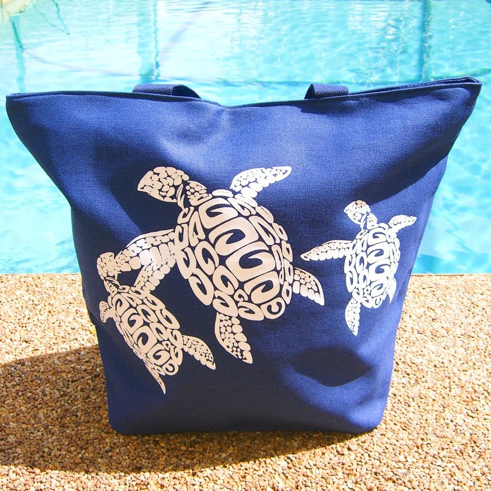 XL Tote Beach Bag Blue Sea Turtles Print Zipper Inside Pocket Square Bottom NEW